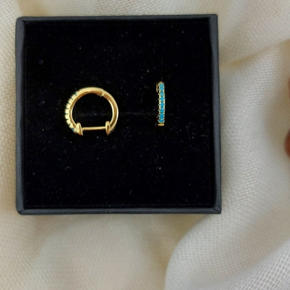 14K Gold Plated Huggie Hoop Blue  Earrings - Picture 8 of 9